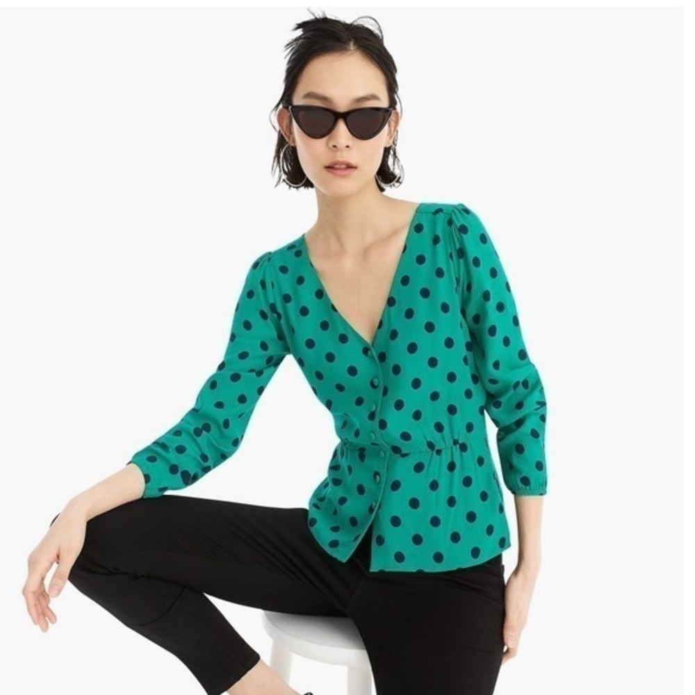 J. Crew Polka Dot Green Navy V Neck Peplum Blouse